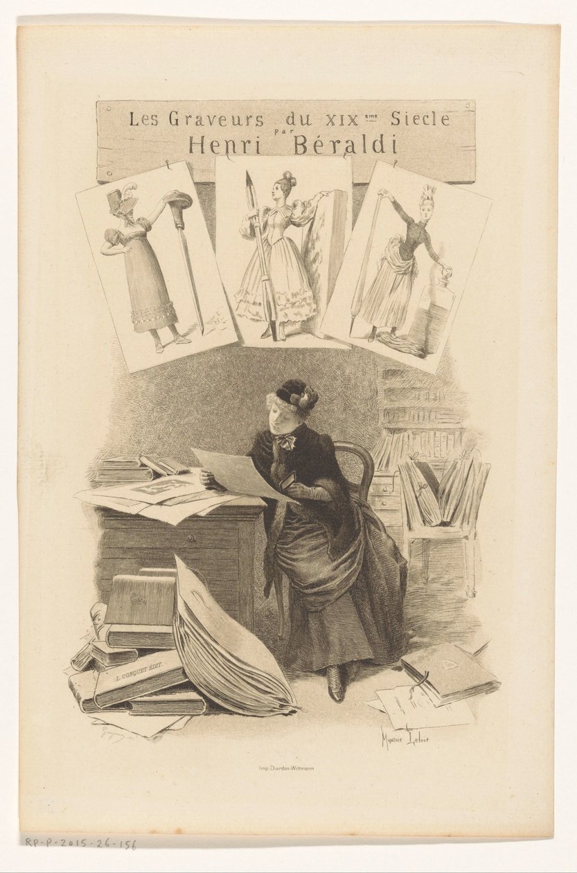 Nő nézi a képeket az íróasztal mögött Címlap ehhez: Henri Béraldi, Les engravers du XIXe siècle, 1899 alkotó: Eugène Gaujean