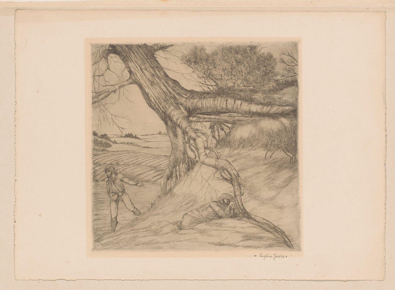 Vető és fekvő alak ölbe tett kézzel a tájban alkotó: Eugène Joors (signed by artist)