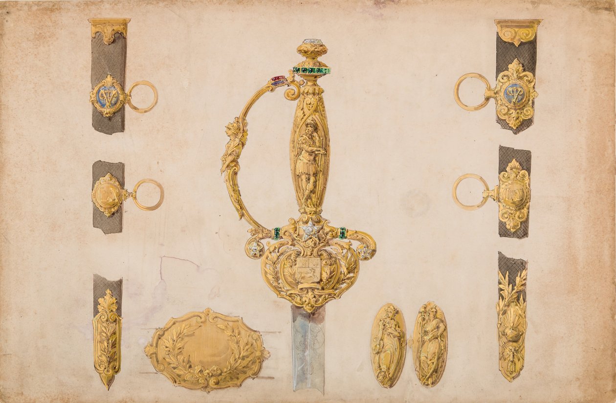 Tervezés kardmarkolathoz, hüvelyhez és övszerelvényekhez, kb. 1840-50. alkotó: Eugène Julienne.