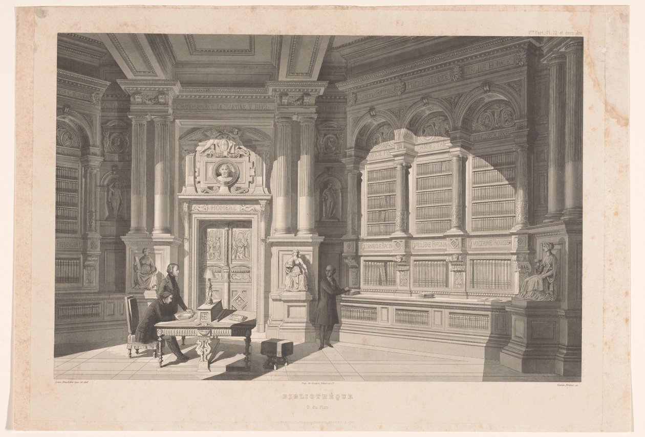 Egy könyvtár belseje Bibliothèque O. du Plan (cím a tárgyon) alkotó: Eugène Napoléon Varin