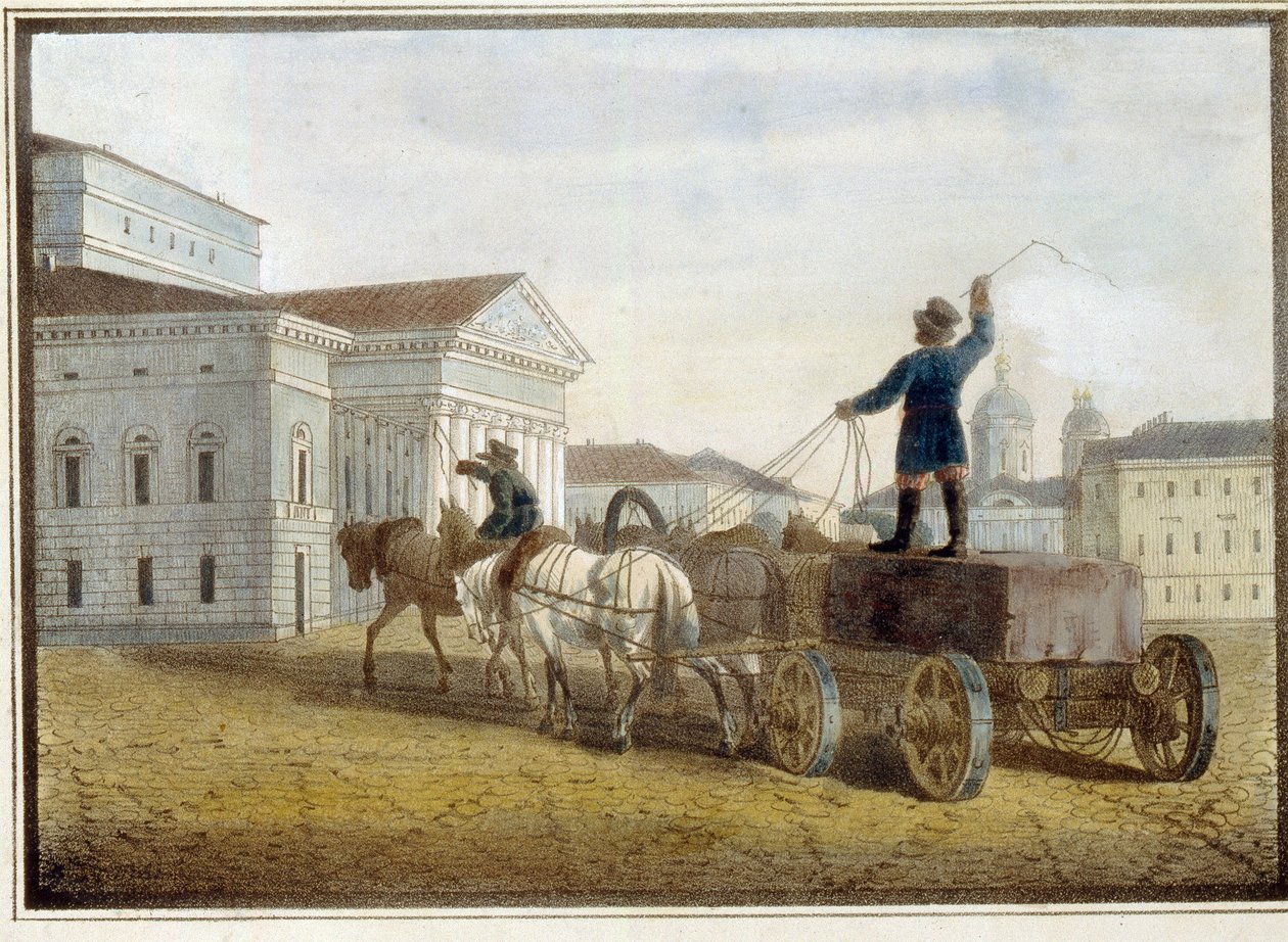 Gránittömbök szállítása a Szentpétervári Színház térre. Eugene Pluchart (1809-1880) munkája, akvarell litográfiára alkotó: Eugéne Pluchart