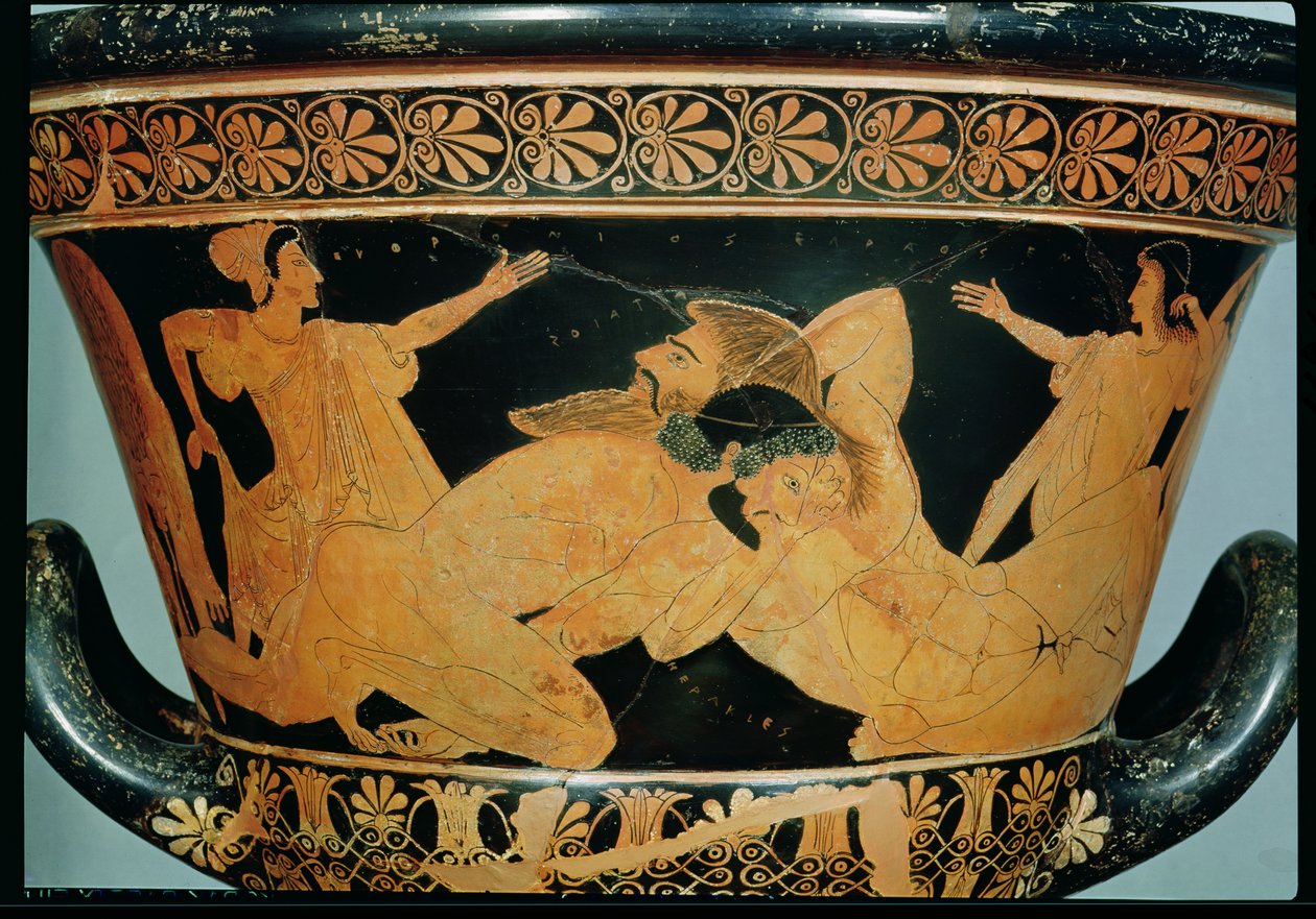 Tetőtéri vörös alakos kehelykráter, amely Herakles Antaeusszal birkózik, Cervetriből, Kr.e. 510 körül (kerámia) (lásd még: 92569) alkotó: Euphronios