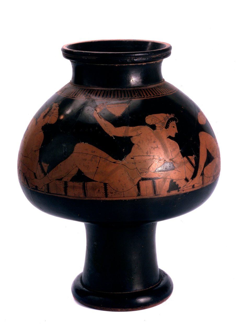 Vörös figurás psykter borhűtő szimpóziumi jelenettel, ógörög, Kr.e. 505-c500 alkotó: Euphronios