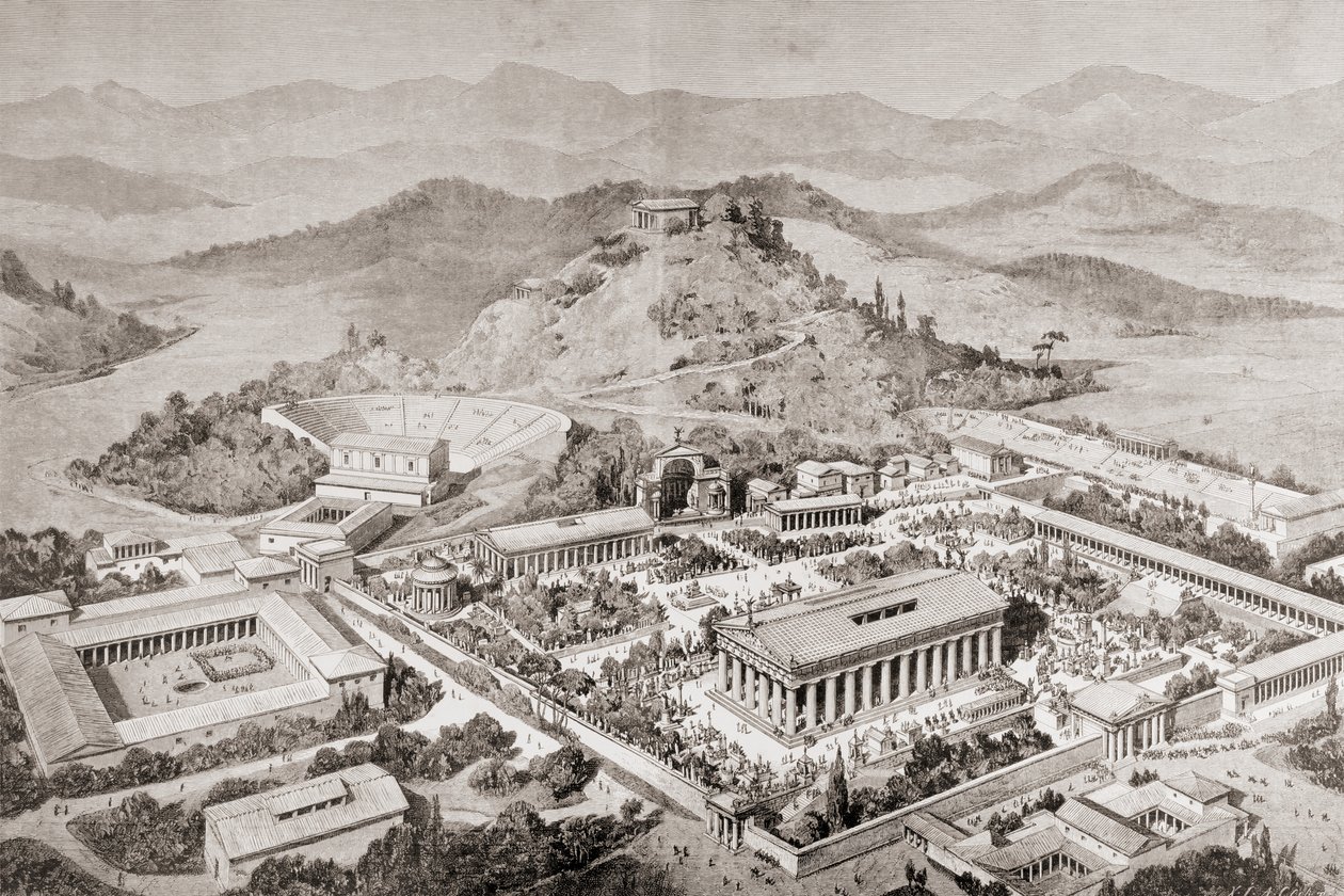 A művész benyomása a görögországi Olimpiáról, az ókori olimpiai játékok idején, az „El Mundo Ilustrado”-ból, Barcelona, 1880 alkotó: European School