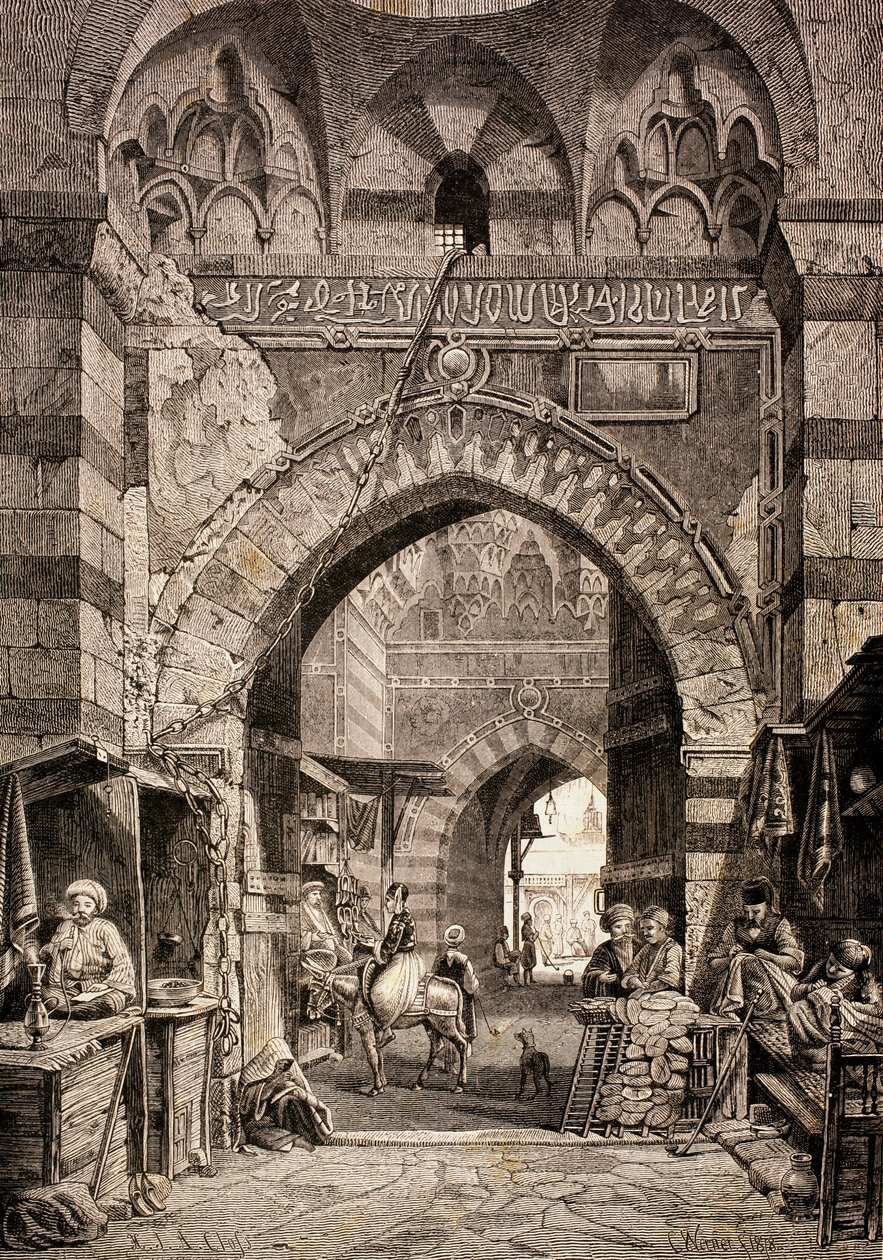 A kairói Khan el-Khalili piac bejárata a 19. században az „El Mundo Ilustrado”-ból, Barcelona, 1880 alkotó: European School