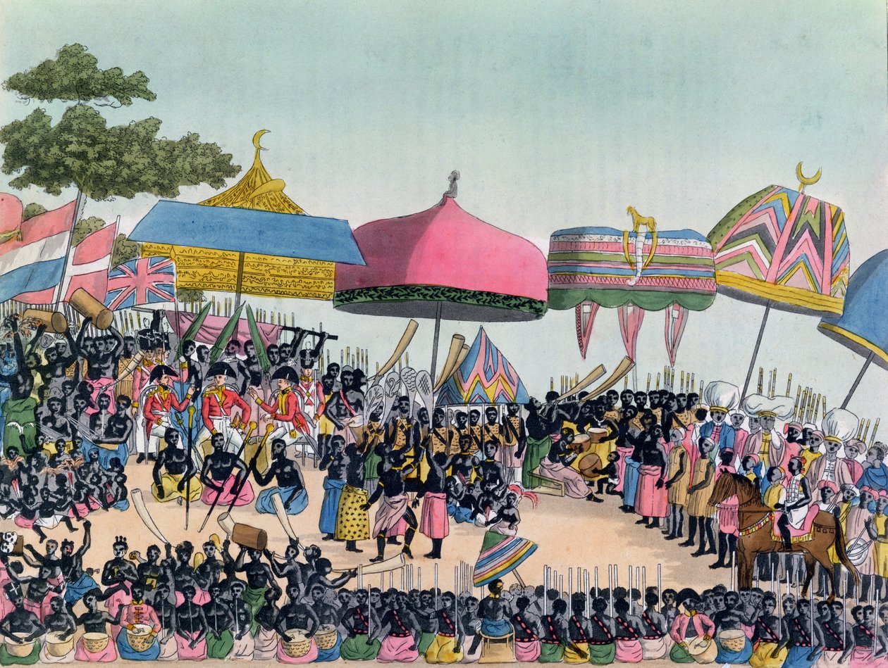 Az Ashanti által tartott angol nagykövet fogadása a ghánai Comassiban, 1818 körül, vésette A. Biasioli alkotó: European School