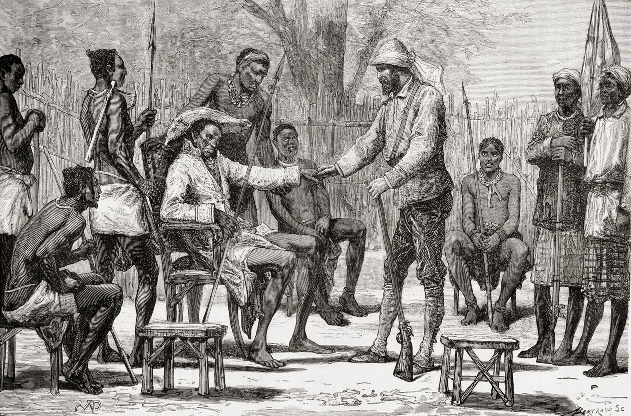 Verney Lovett Cameron látogatása Konngo királynál, 1878 (fametszet) alkotó: European School