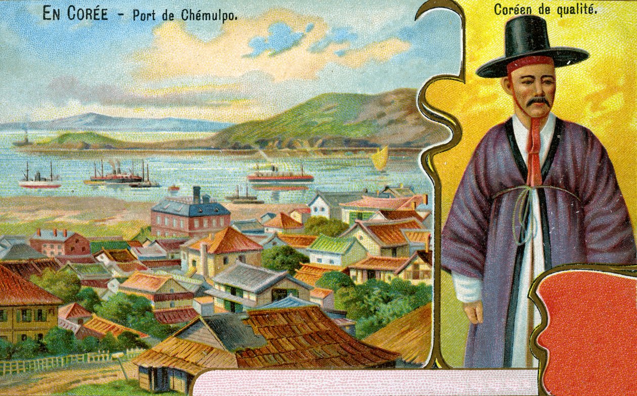 Egy koreai úriember hagyományos ruhában (hanbok) és kalapban (gat) és kilátással Chemulpo (Incheon) kikötőjére, 1904 alkotó: European School