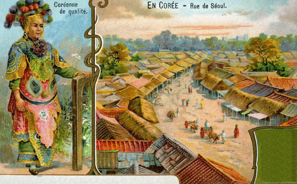 Egy koreai hölgy hagyományos ruhában, kilátással egy szöuli utcára, 1904 alkotó: European School