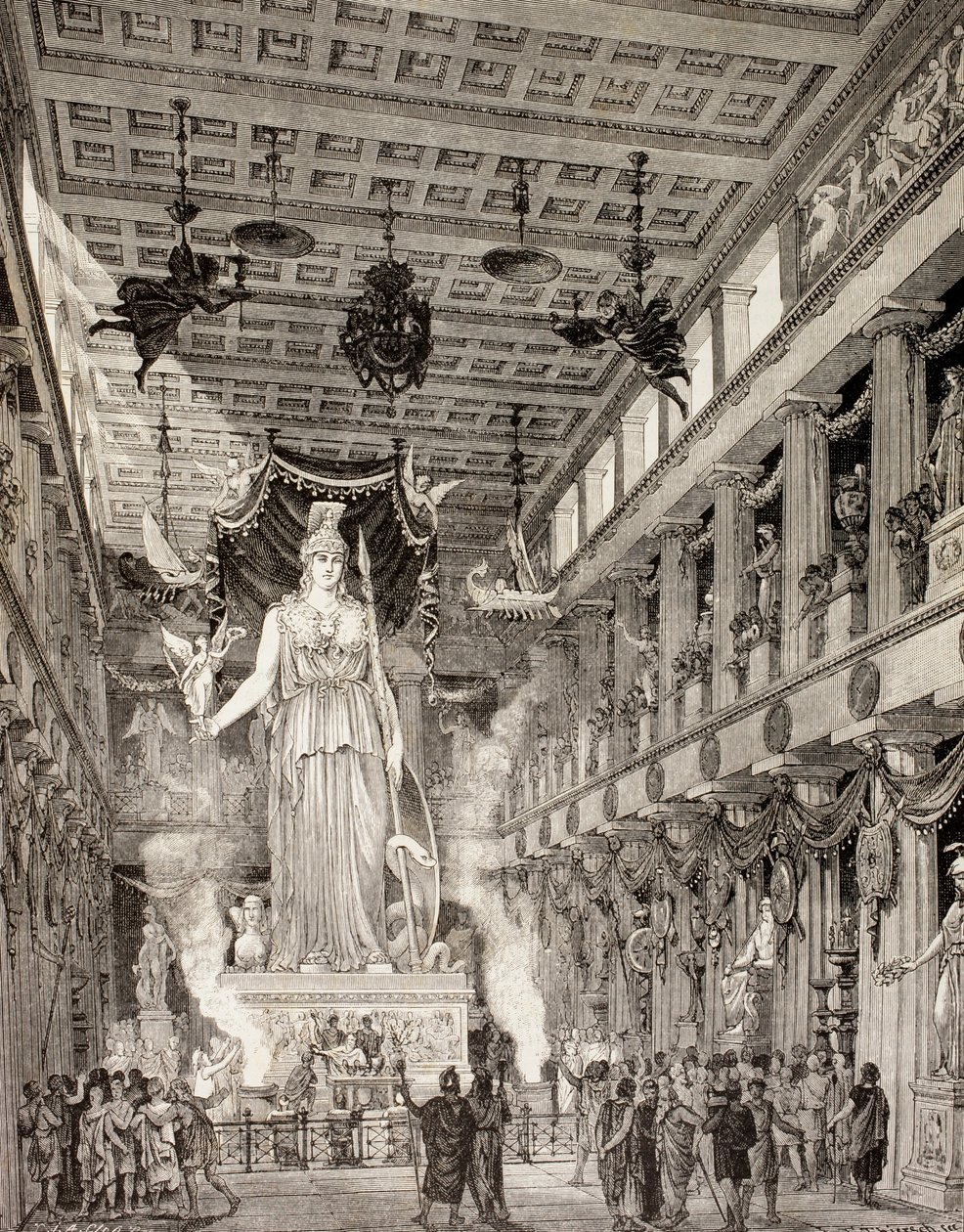 A művész benyomása Athéné istennő szobráról az athéni Parthenonban, a klasszikus időszakban, az „El Mundo Ilustrado”-ból, Barcelona, 1880 (litho) alkotó: European School