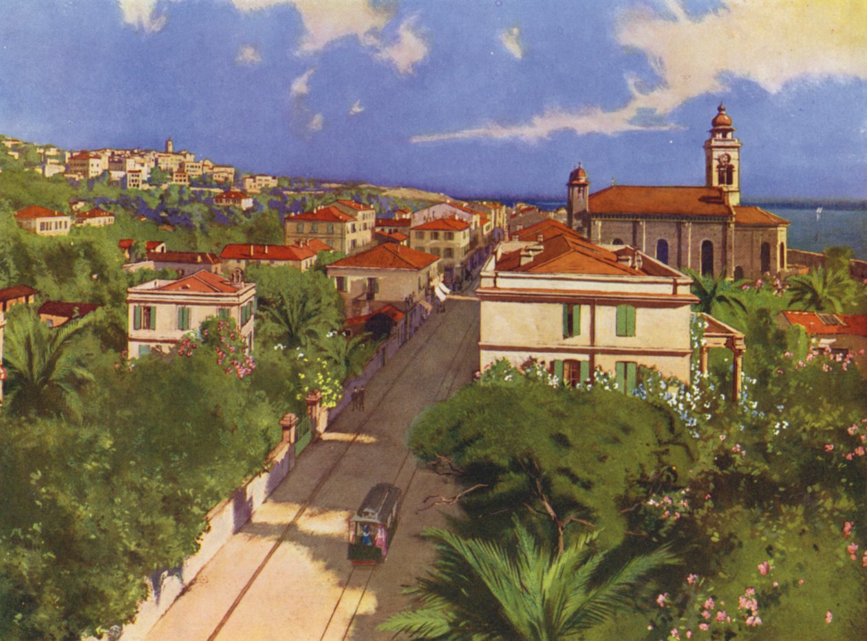 Bordighera, Via Vittorio Emmanuele et Vue Generale (színes litográfia) alkotó: European School