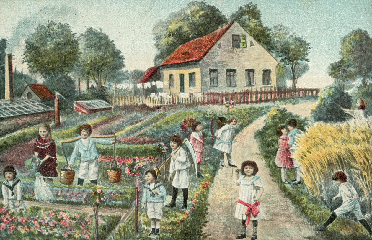 Gyermekek a kertben vagy a veteményesben (színes litográfia) alkotó: European School