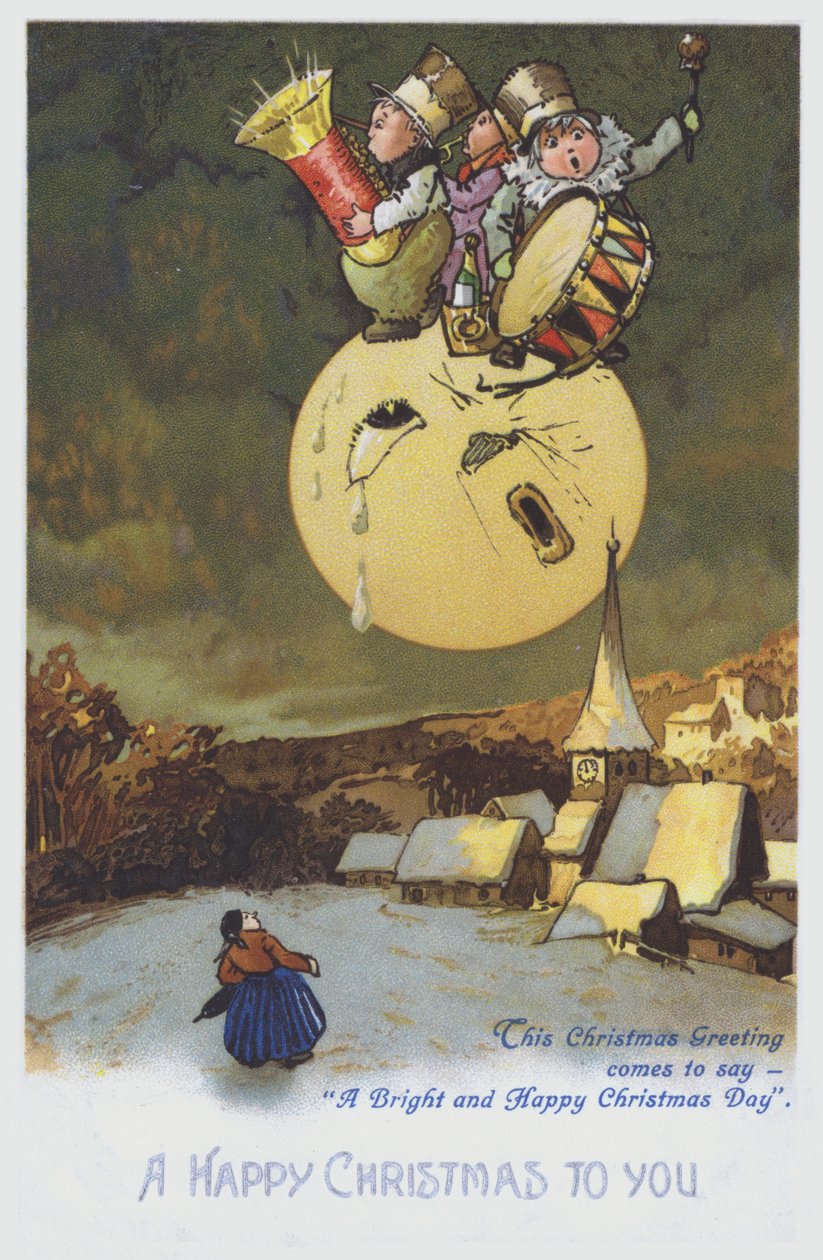 Karácsonyi üdvözlőlap, amely egy zenészzenekart ábrázol a Holdon egy havas város felett. (chromolitho) alkotó: European School