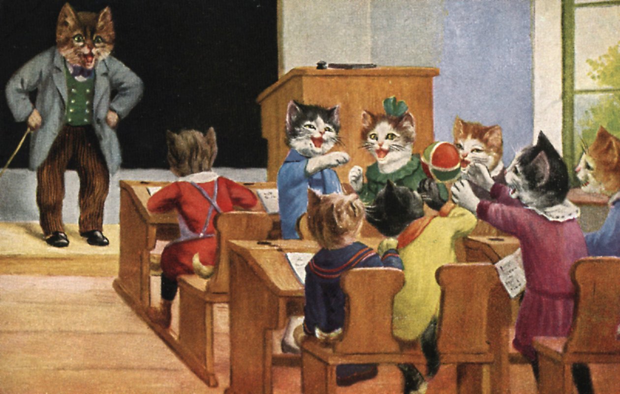 Macskák osztályterme (színes litográfia) alkotó: European School