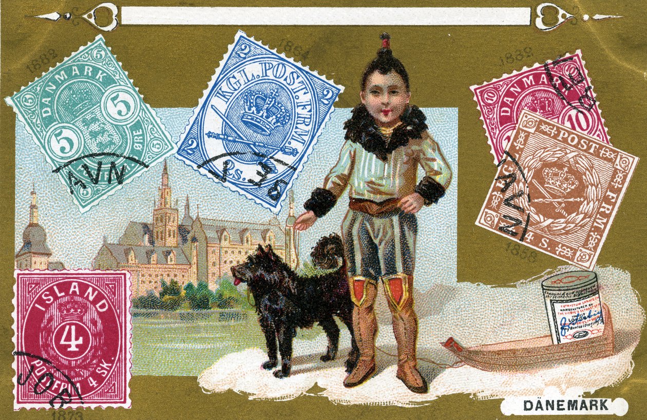 Dán és izlandi postai bélyegek egy inuit gyerekkel és kutyájával, 1897 alkotó: European School