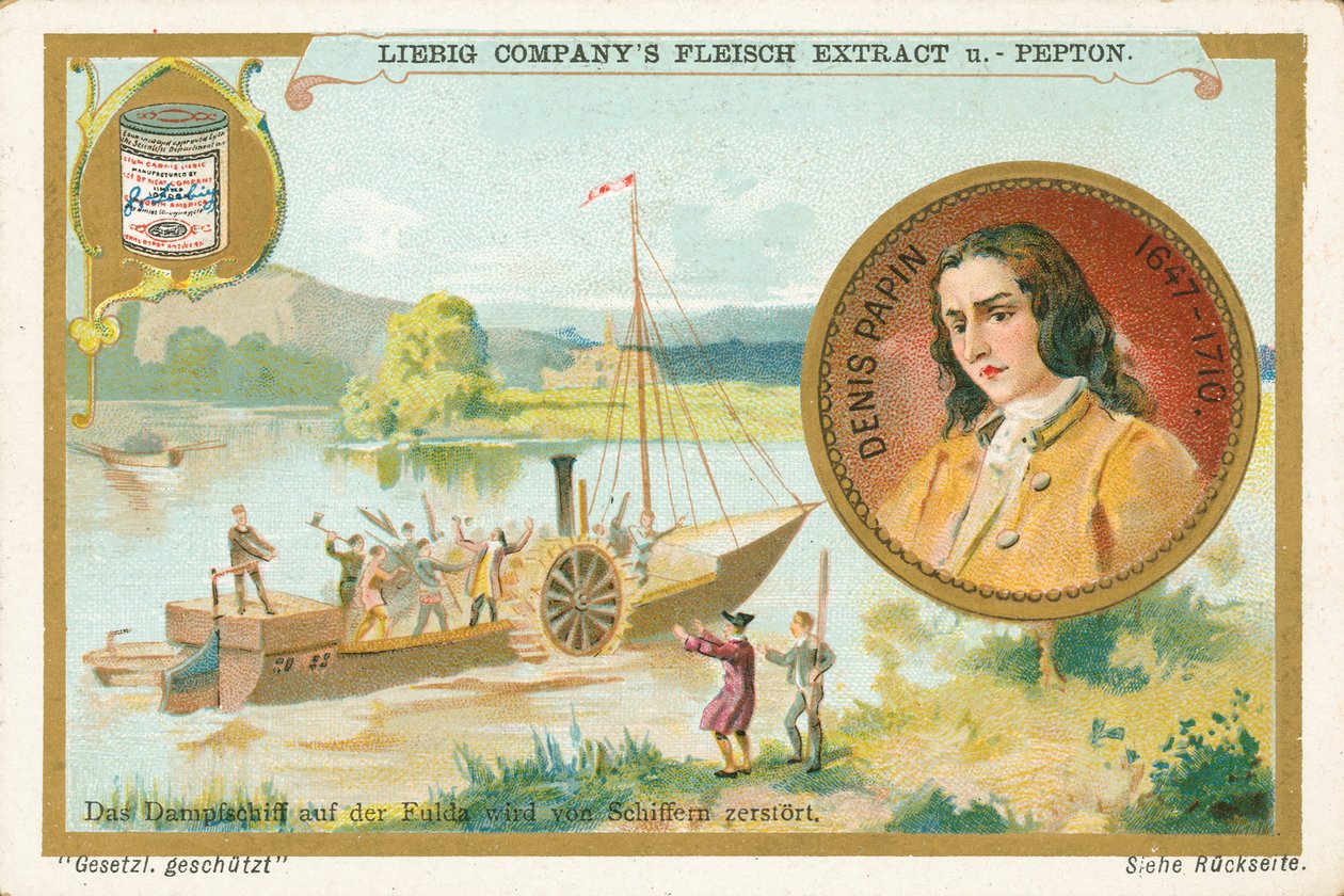 Denis Papin, Liebig-kártya, 20. század eleje (kromo) alkotó: European School