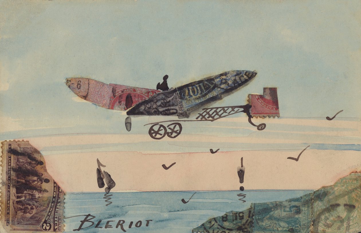 Louis Bleriot francia pilóta által tervezett monoplán ábrázolása, aki elsőként repülte át a La Manche-csatornát (színes litográfia). alkotó: European School