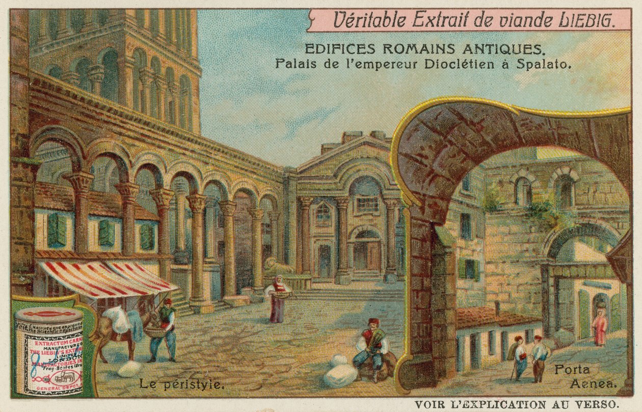 Diocletianus palota Splitben, Horvátországban, a kolonnád és a déli tengeri kapu részleteivel (chromolitho) alkotó: European School