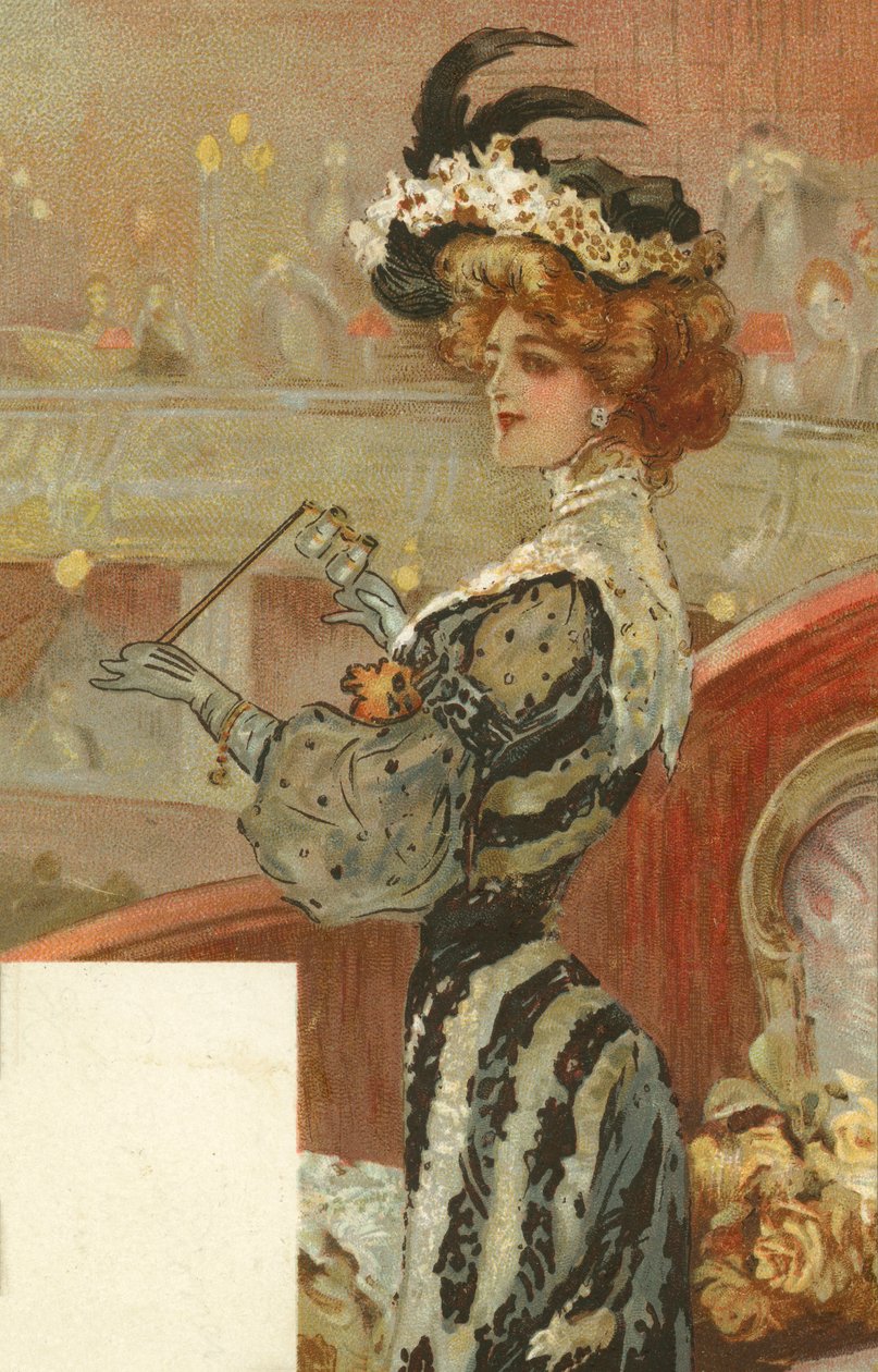 Elegáns nő a színházban (színes litográfia) alkotó: European School