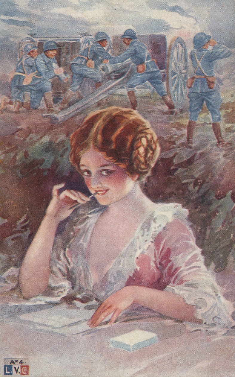Lány ír egy katonának (színes litográfia) alkotó: European School