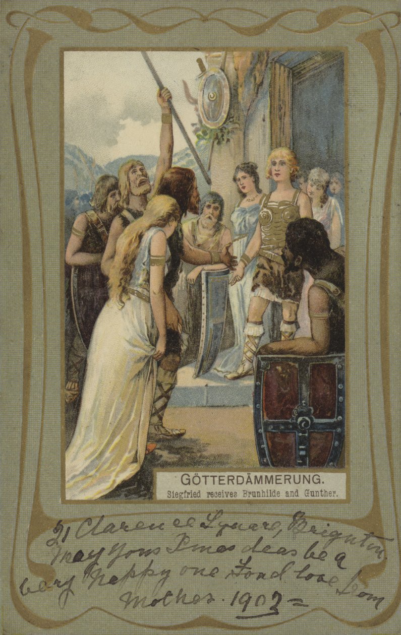 Gotterdammerung, Siegfried fogadja Brunhildét és Günther-t (színes litográfia) alkotó: European School