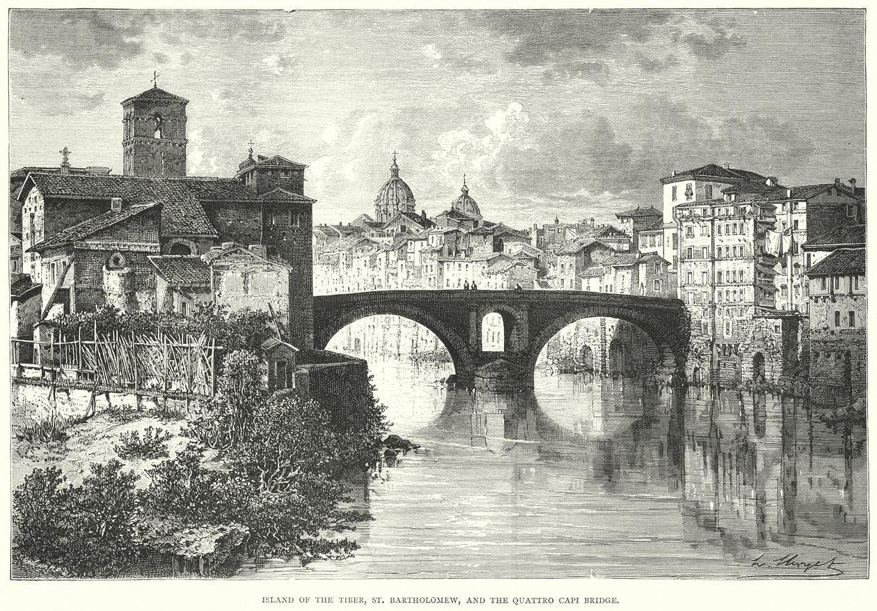 A Tiberis-sziget, Szent Bertalan és a Quattro Capi híd (metszet) alkotó: European School