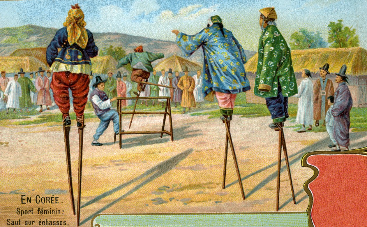 Koreai nők gólyalábasokon, akik akadályokon ugrálnak, 1904 alkotó: European School