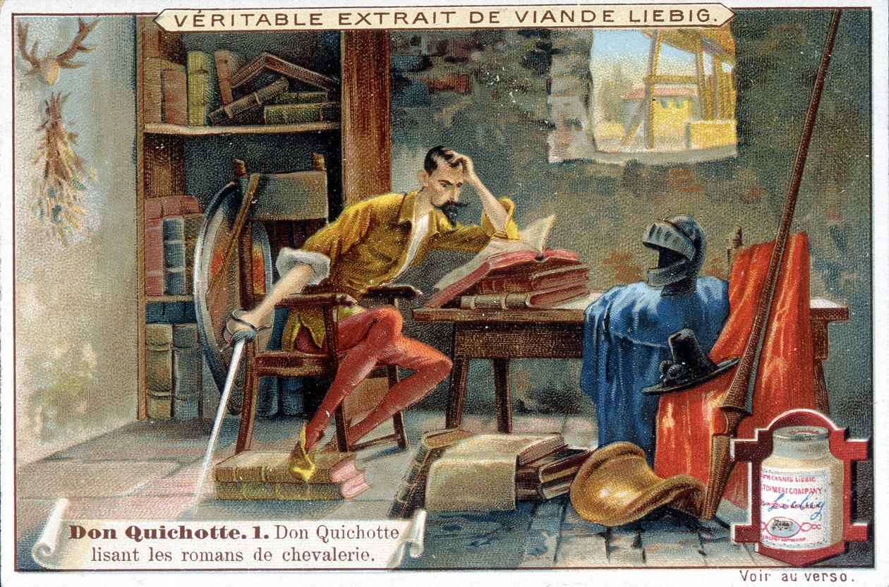 Liebig-kromolitográfia: Don Quijote: "Don Quijote" sorozat, No. 1: Don Quijote lovagi regényeket olvas. alkotó: European School