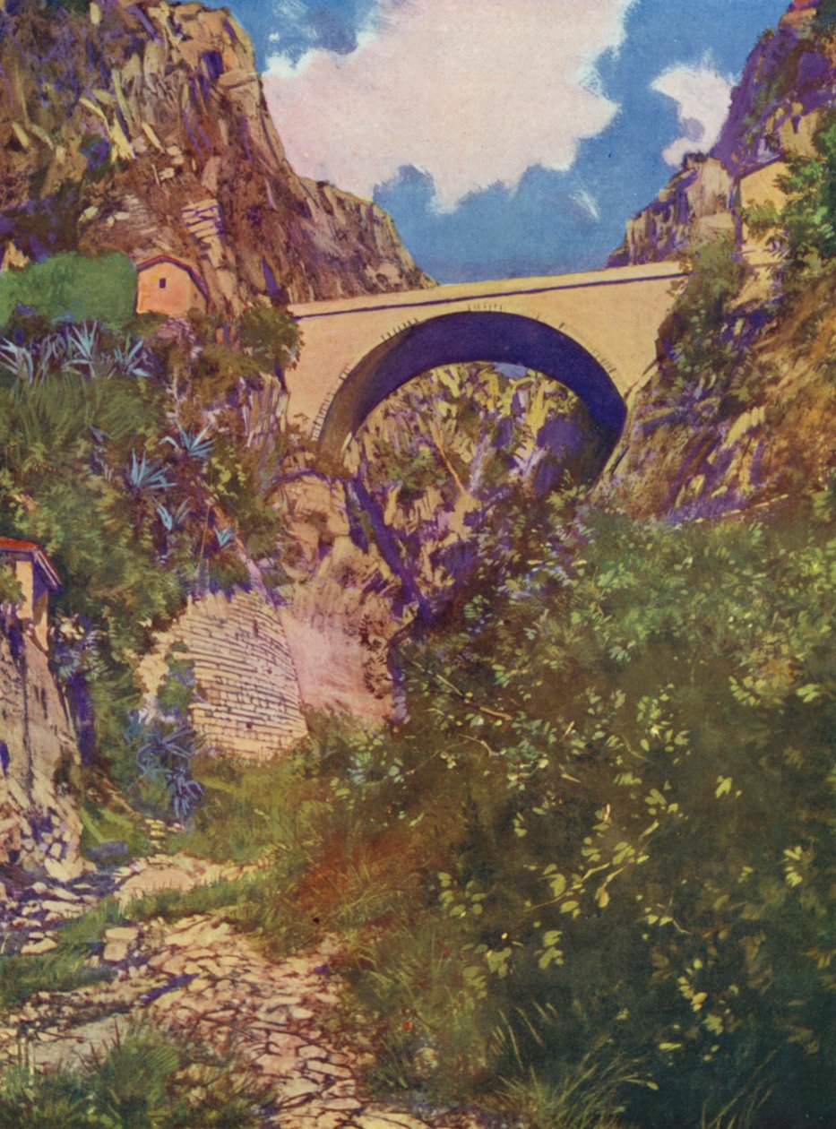 Menton, Le Pont St-Louis (színes litográfia) alkotó: European School