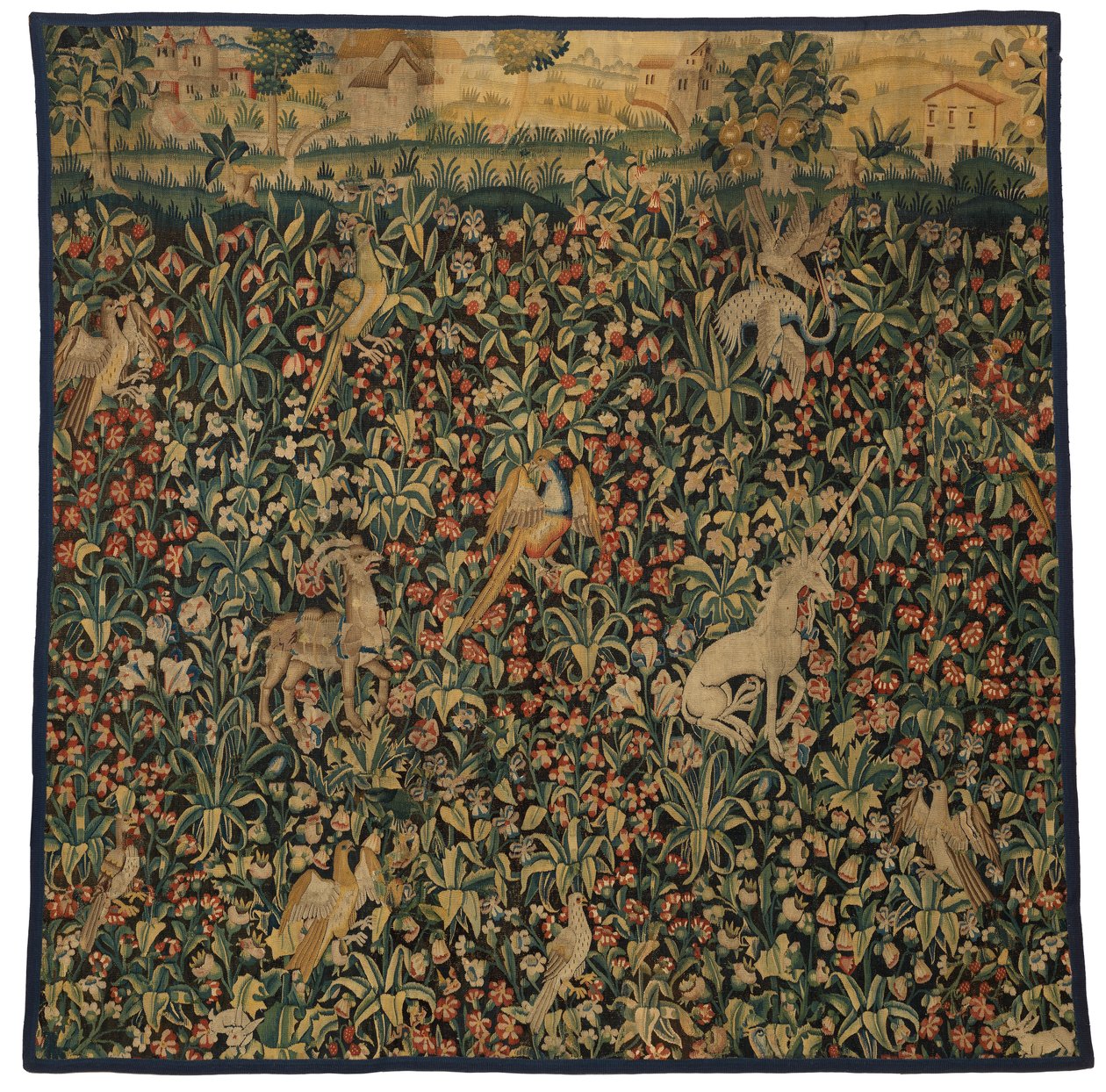 Mille fleurs gobelintöredék állatokat, madarakat és tájat ábrázol, 1500 körül (gyapjú) alkotó: European School
