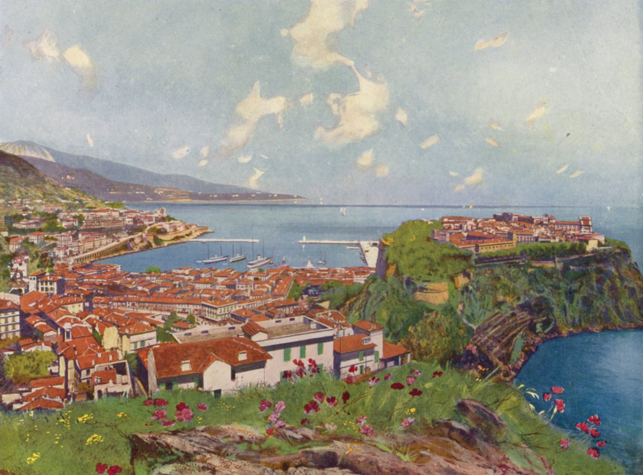 Monaco, A szikla és általános kilátás (színes litográfia) alkotó: European School