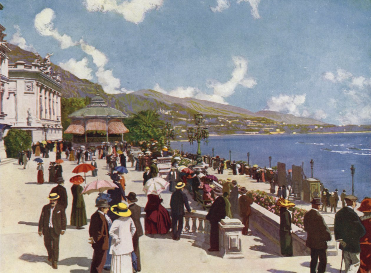 Monte-Carlo, La Terrasse és a Kiosque de la Musique (színes litográfia) alkotó: European School