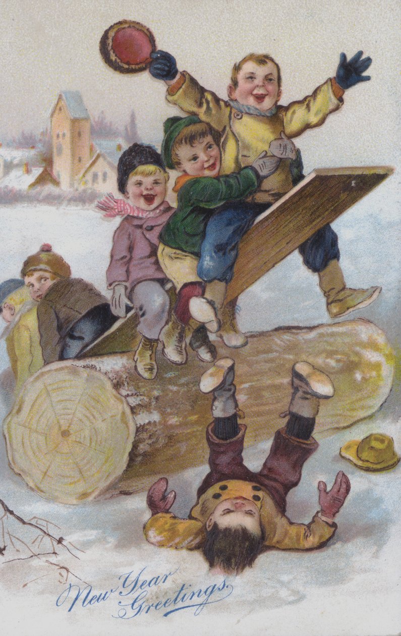 Újévi üdvözlőkártya hóban játszó gyerekeket ábrázol (chromolitho) alkotó: European School