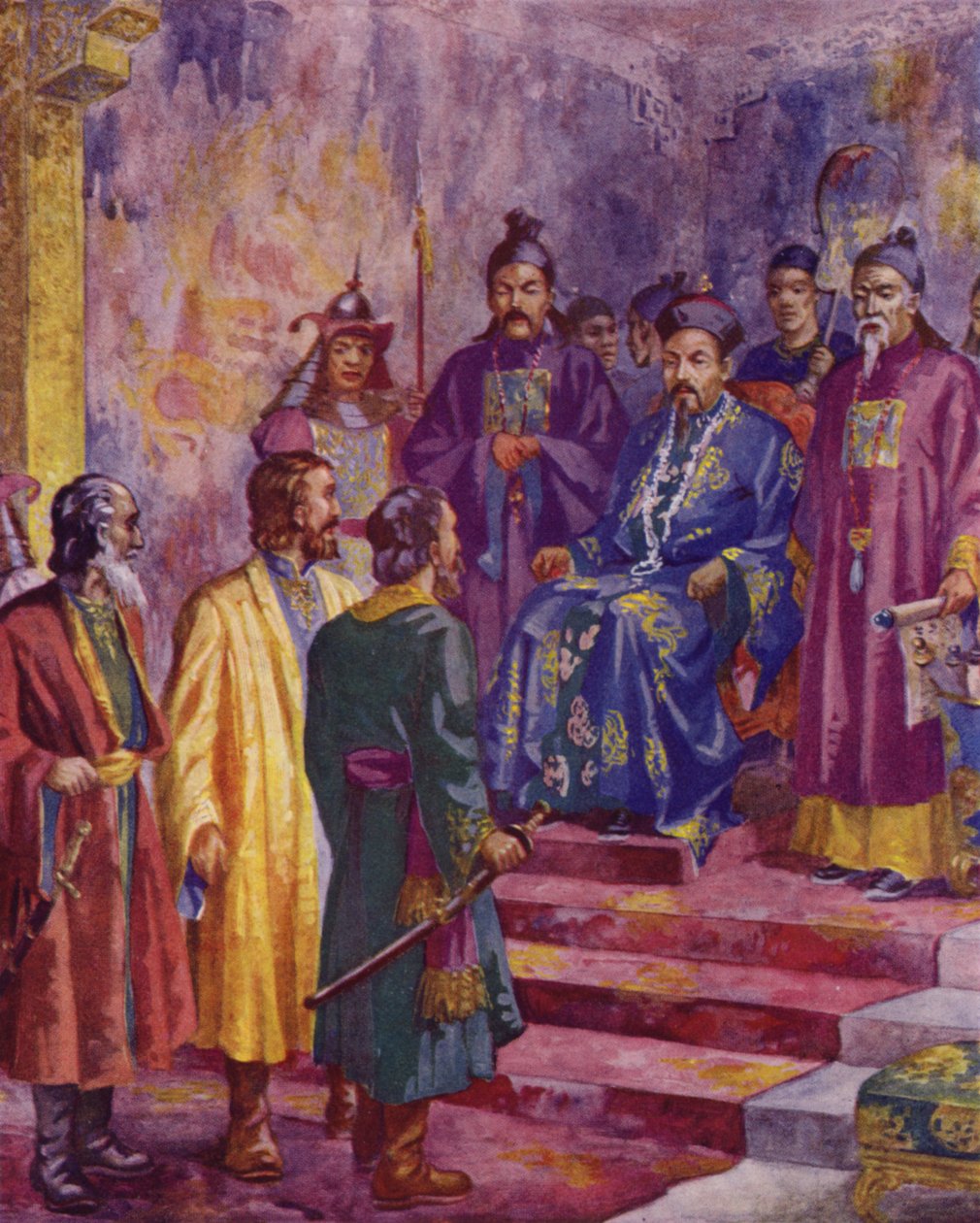 Niccolo, Maffaeo és Marco Polo találkozása Kublai Kánnal, 20. század (színes litográfia) alkotó: European School