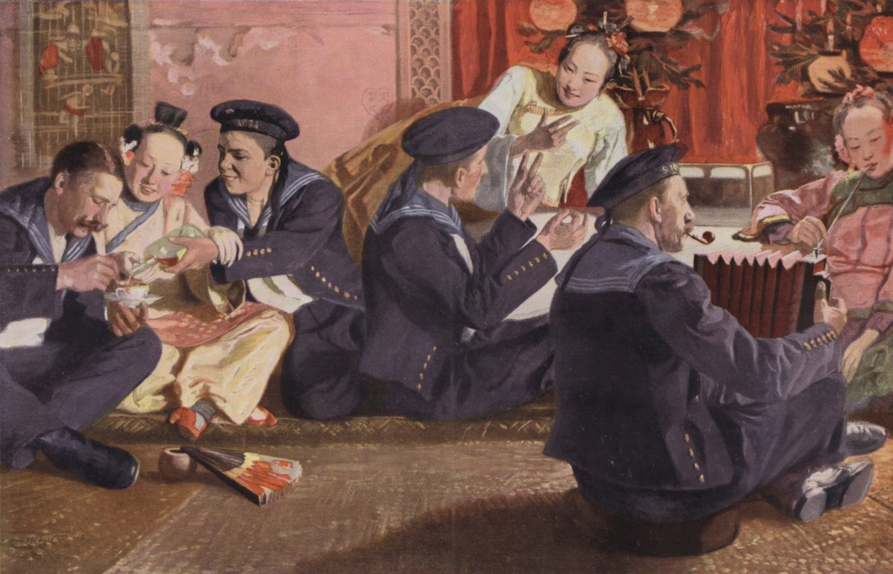 Tengerészek egy kínai teaházban (színes litográfia) alkotó: European School