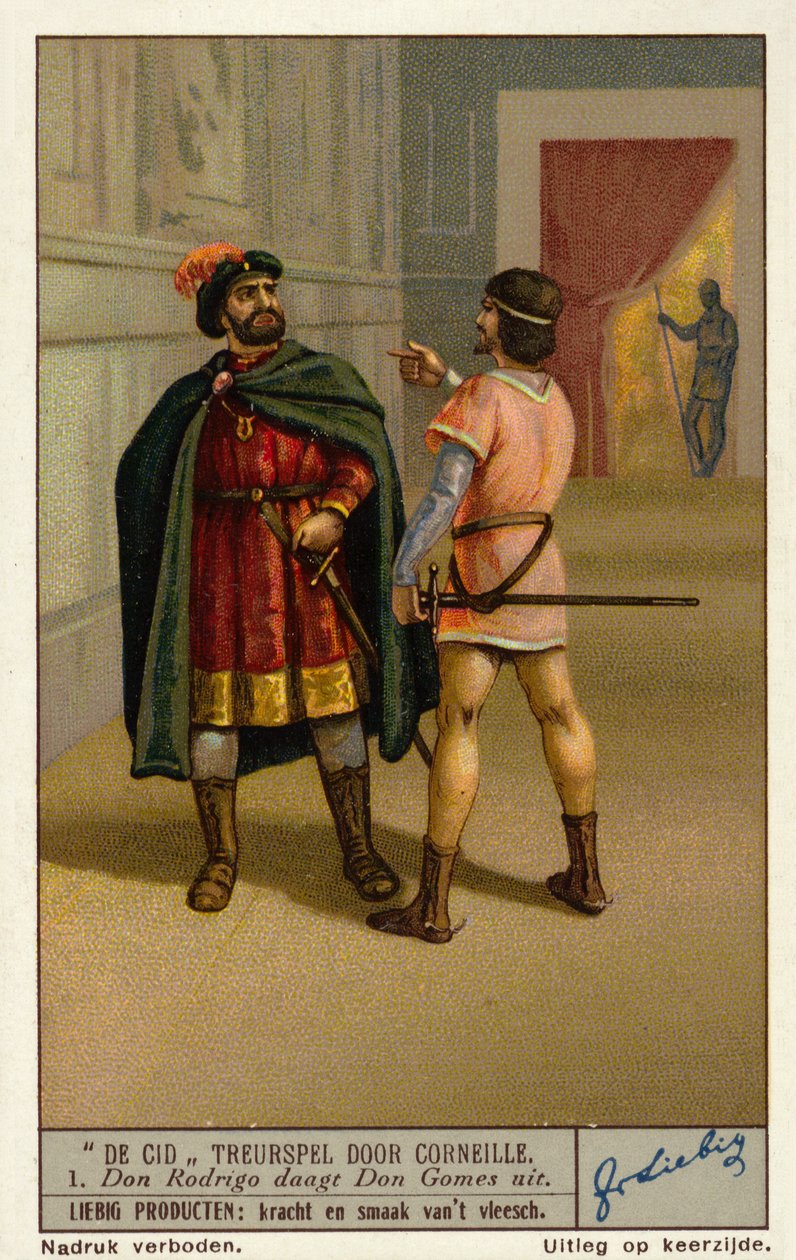 Jelenet Paul Corneille francia drámaíró Le Cid című tragédiájából: Don Rodrigue kihívja Don Gomest, Chimene apját (chromolitho). alkotó: European School