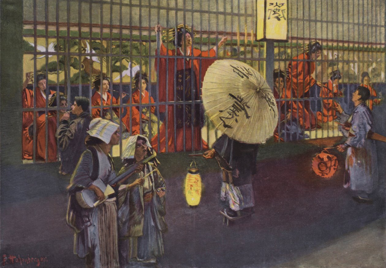 Jelenet Tokió Yoshiwara kerületében, Japán (színes litográfia) alkotó: European School