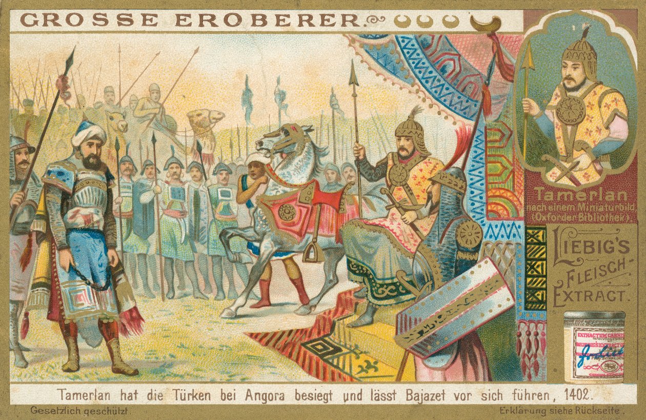 Tamburlaine meghódítja Bajazeth-et, Liebig kártya, 20. század eleje (kromo) alkotó: European School
