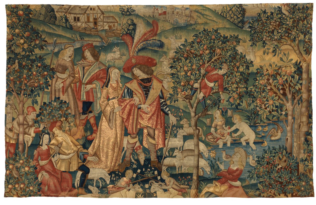 Tapestry depicting Pastoral Scene with Fruit Picking, or The Seigneur in his Park or Rural Alliance and Fruit-picking, c.1500 (wool & silk) alkotó: European School