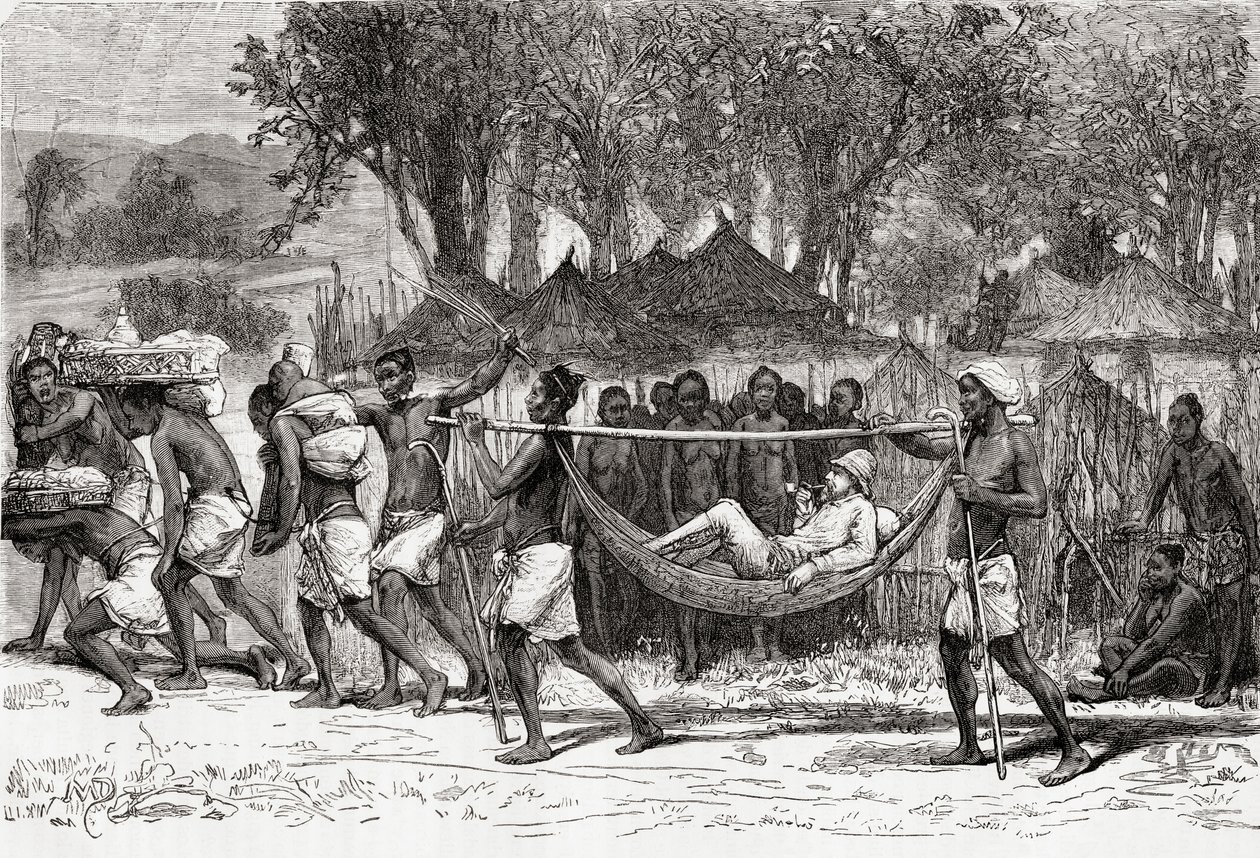 Verney Lovett Cameron megérkezik Oulonnda faluba, Afrikába, 1878-ban (fametszet) alkotó: European School