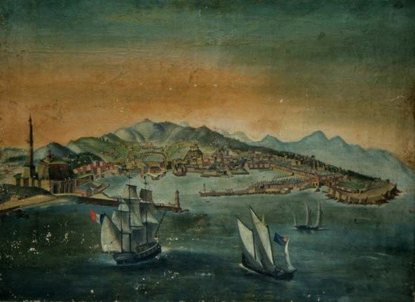 Kikötő kilátása világítótoronnyal a hegyfokon, 1800 körül alkotó: European School