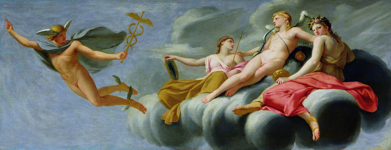Ámor megparancsolja Merkúrnak, az istenek hírnökének, hogy jelentse be a szeretet erejét az Univerzumnak, 1646-47 alkotó: Eustache Le Sueur