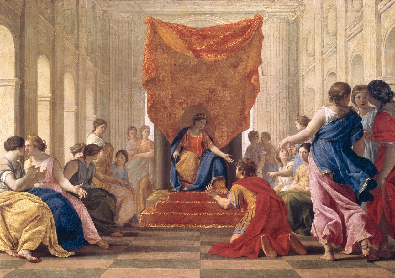 Poliphilus Eleuterilida királynő előtt térdel, 1643-44 körül alkotó: Eustache Le Sueur