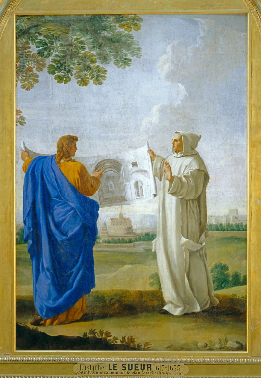 Szent Brúnó vizsgálja a Diocletien termálfürdőjének rajzát, a római karitász későbbi helyszínét ... alkotó: Eustache (studio of) Le Sueur