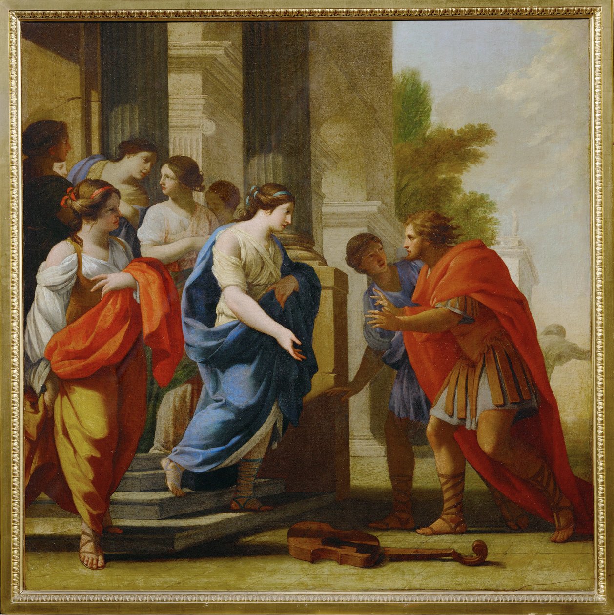 Polia keresése közben Poliphilo-t Philtronia fogadja a három ajtónál (festmény vászonra). alkotó: Eustache Le Sueur