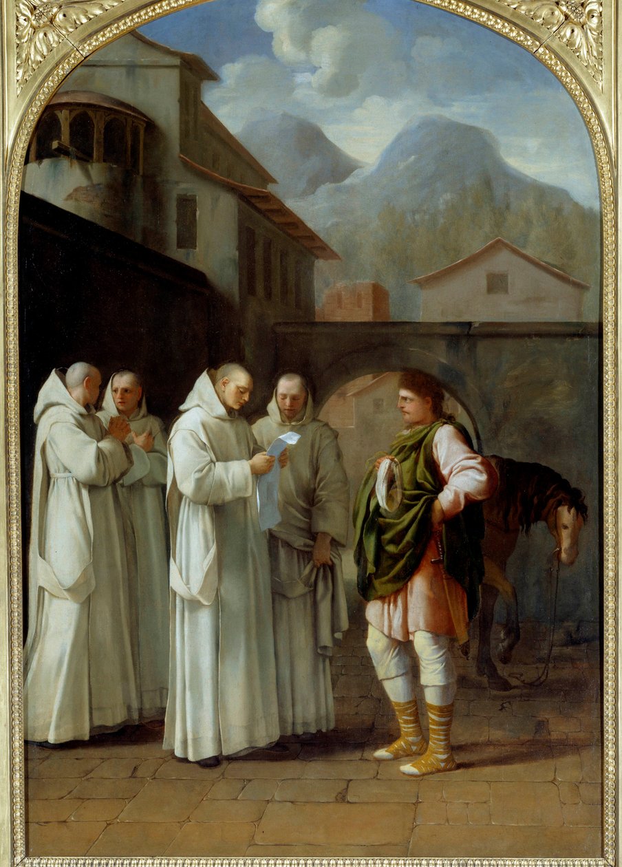 Szent Brúnó (1030-1101), a karthauzi rend alapítója üzenetet kap II. Urbán pápától (II. Urbano) alkotó: Eustache Le Sueur