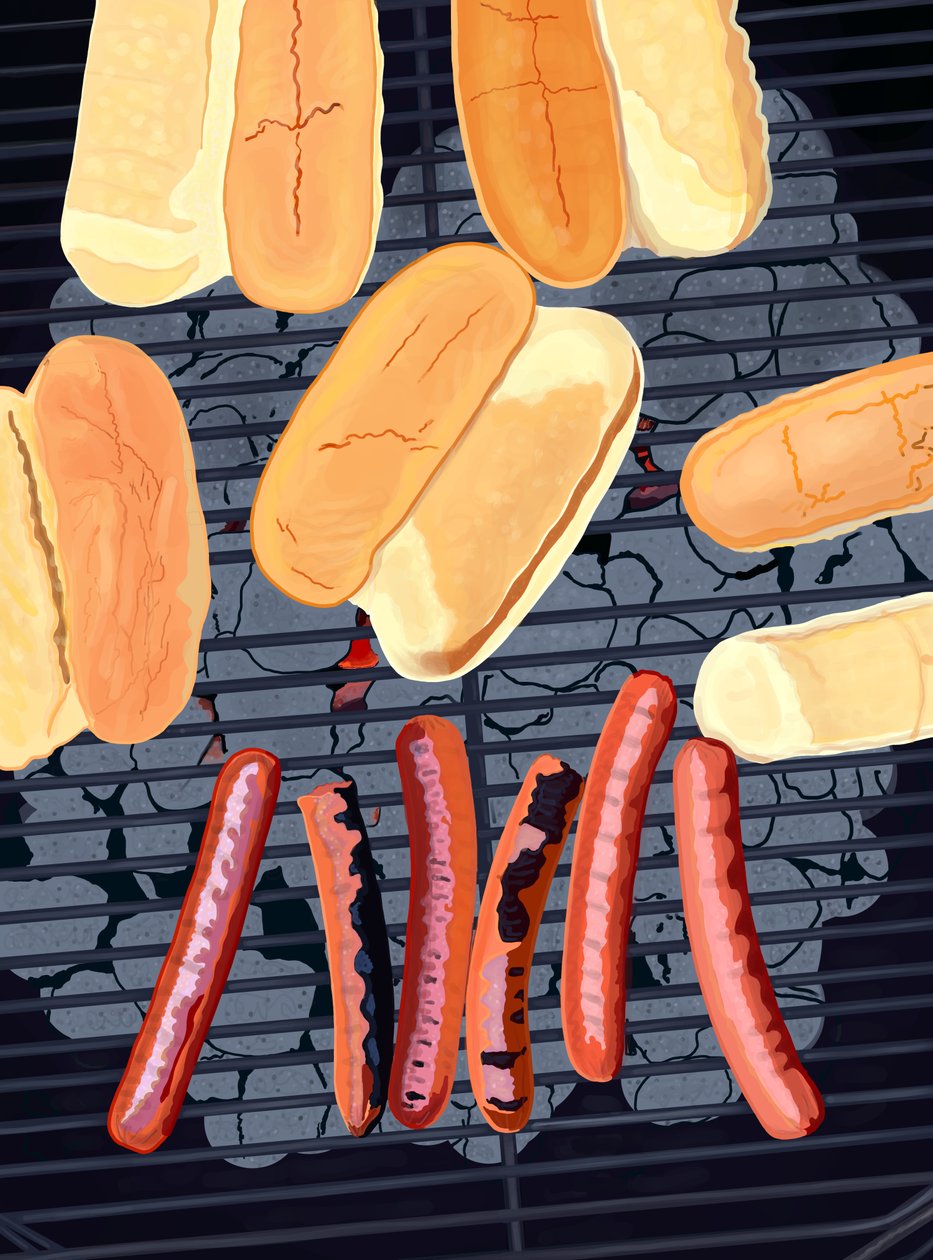 6 hot dog a grillen, South Side of Streef (digitális művészet) alkotó: Evan Sklar