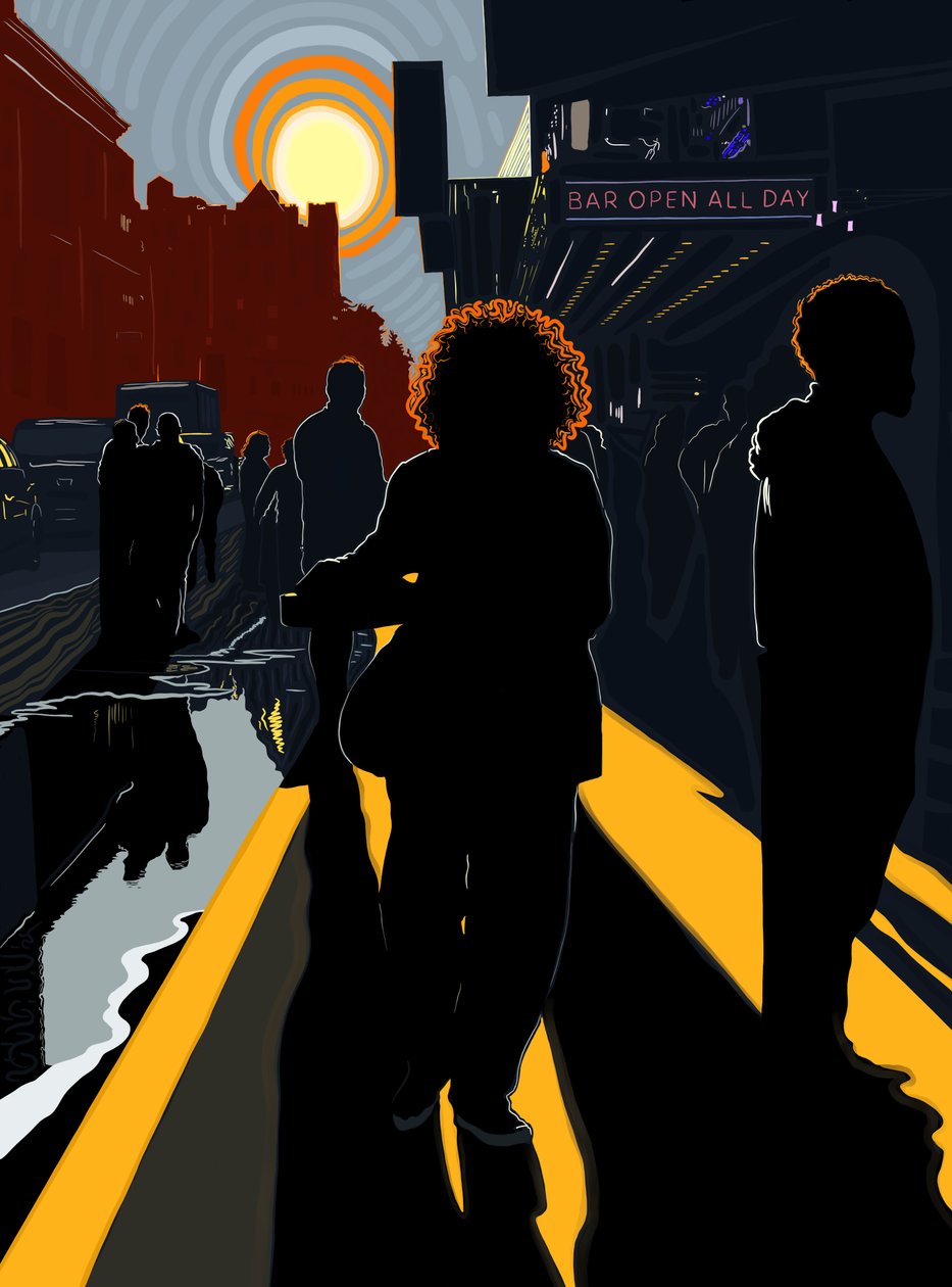 Háttérvilágítású figurák és a nap Manhattan Sidwalk. (digitális művészet) alkotó: Evan Sklar
