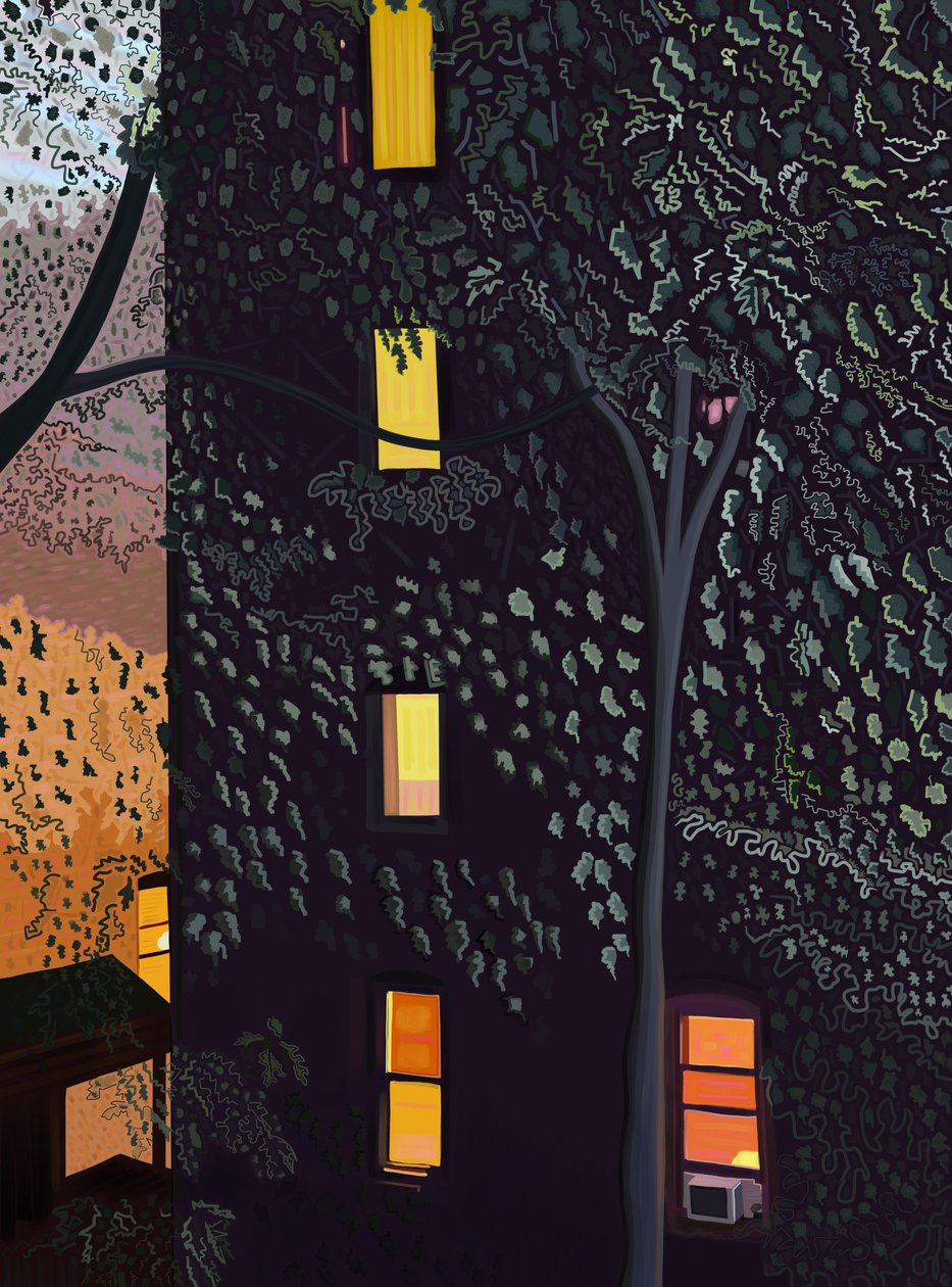 Éjszakai épületek hátulja Brooklyn (digitális művészet) alkotó: Evan Sklar