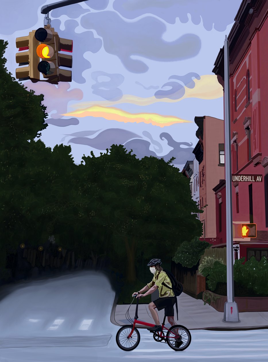 Kerékpáros az Underhill Avenue-n, Brooklyn (digitális művészet) alkotó: Evan Sklar
